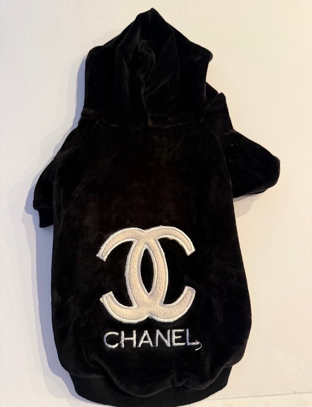 Designer Inspired Black Velour Dog Hoodie - Size L Fits 8 lb Dog